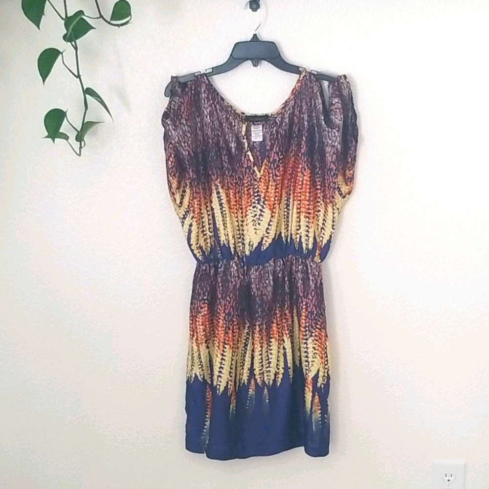 Orange and blue open shoulder dress